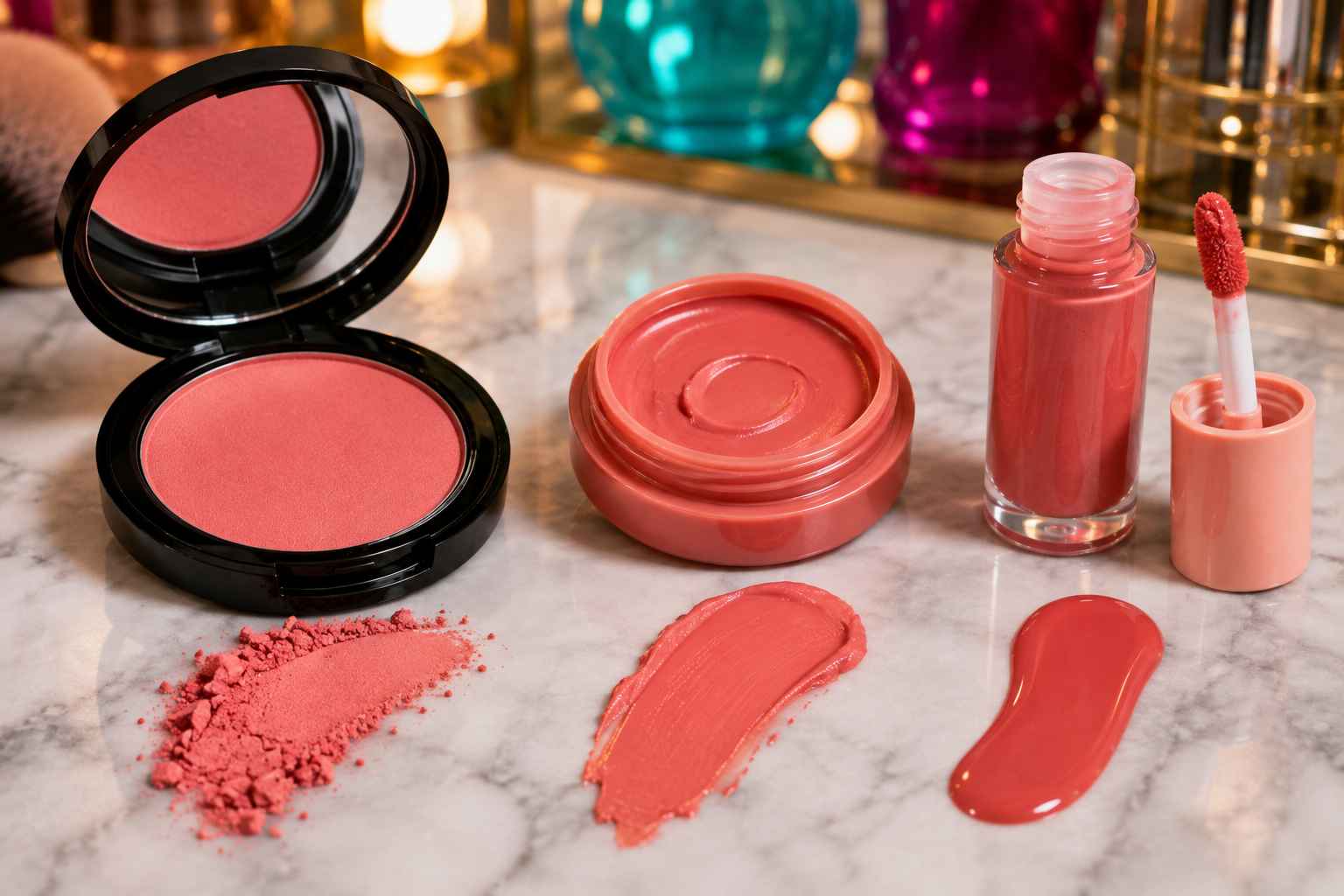 Comparação entre blush em pó, blush cremoso e blush líquido