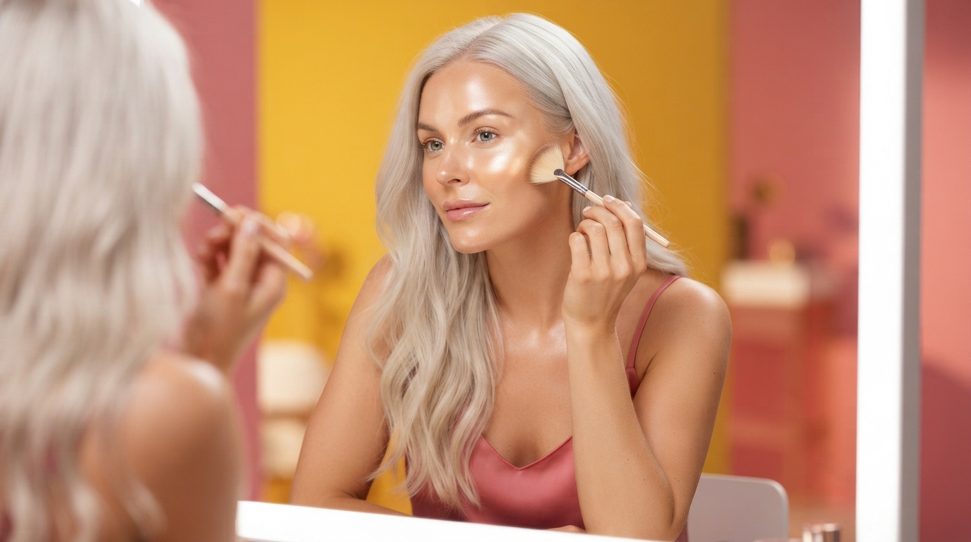 Mulher escolhendo produtos de um kit de maquiagem para iniciantes
